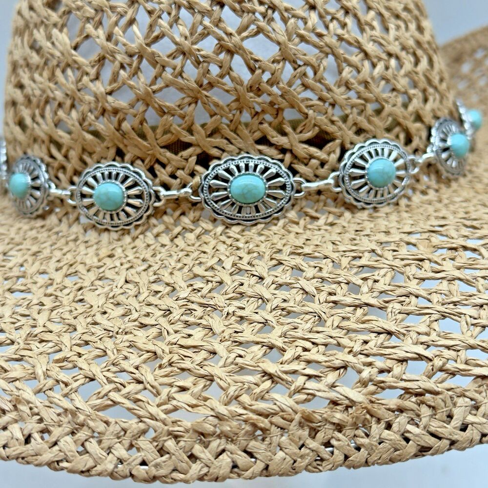 San Diego Hat Company Straw Cowboy Hat Turquoise Conchos Hat Band Wide Brim OSFM - Picture 2 of 10